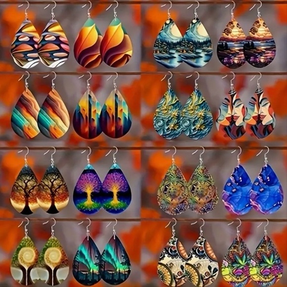 ⭐️ 5 for $25 Bohemian Wood Abstract Teardrop Hoop Fashion Earrings - Picture 4 of 7